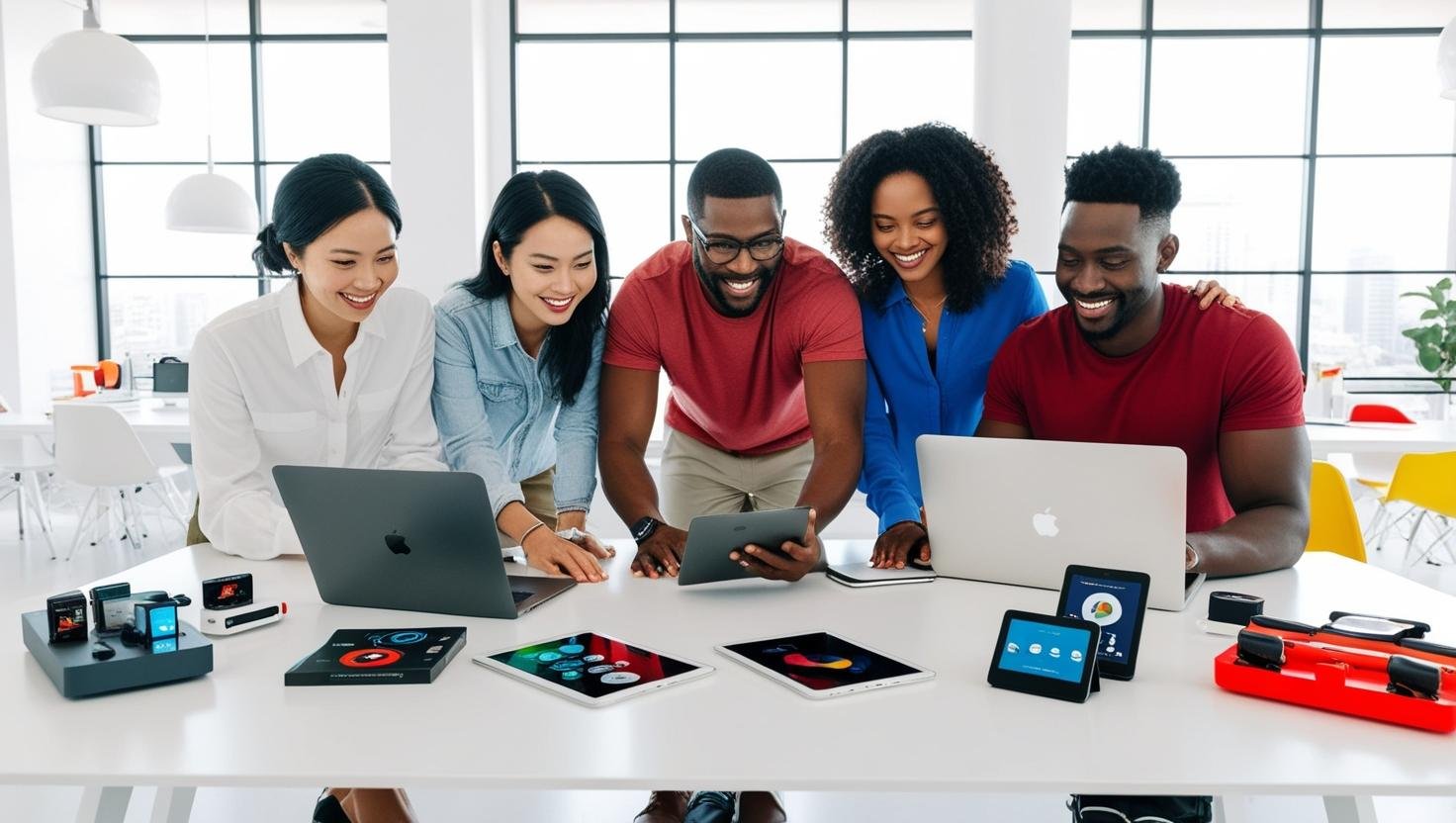 Quem somos - uma equipe colaborando em um ambiente de escritóri moderno, unindo expertises no nosso blog de avaliação de produtos tecnológicos e gadgets