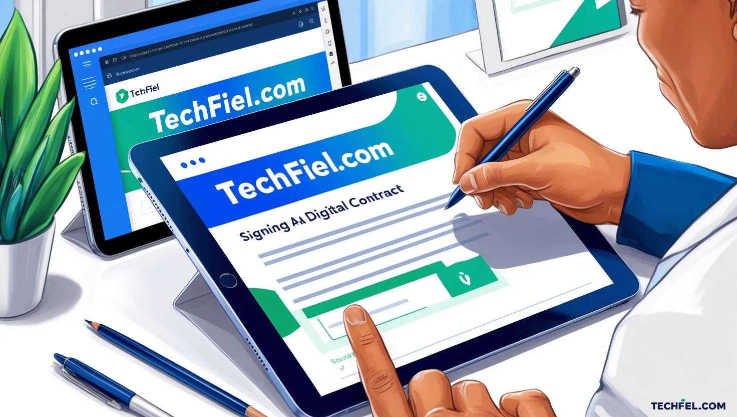 Termos de uso, representado por um contrato digital sendo assinado em um tablet, destacando o compromisso e a transparência do TechFiel.com com seus usuários