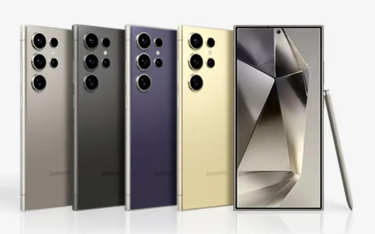 Samsung Galaxy S24 series in different colors showing back and the screen with the SPen at the side