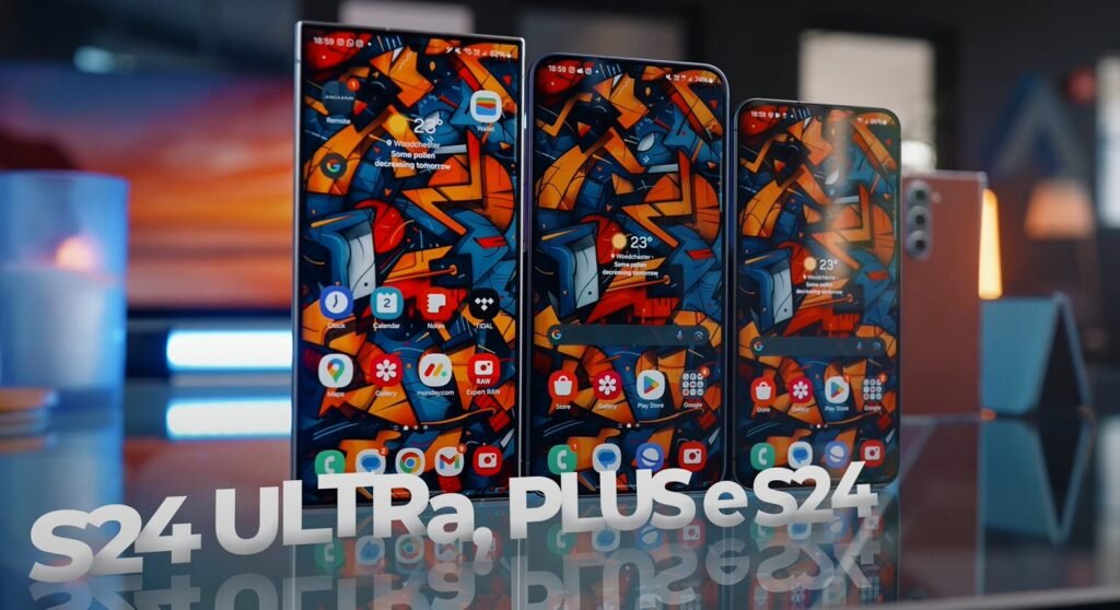 Tela do Galaxy S24+ em destaque lado a lado com os irmãos S24 Ultra e S24