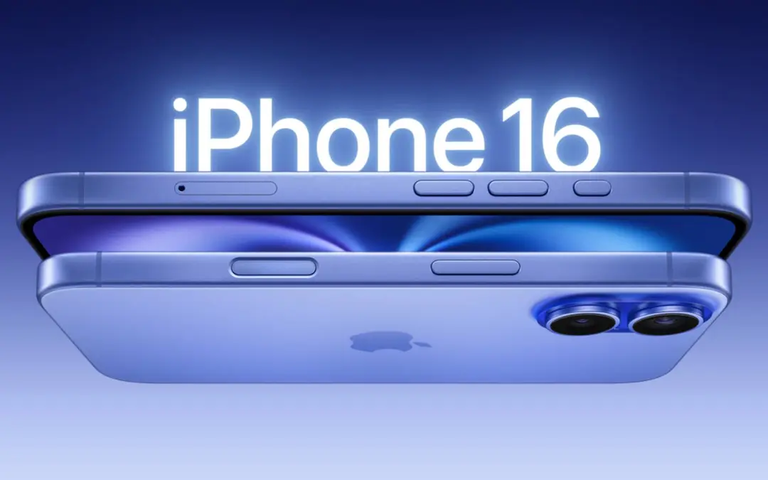 iPhone 16 - imagem promocional - iPhone flutuando mostrando e enquanto um mostra a traseira o outro mostra a tela